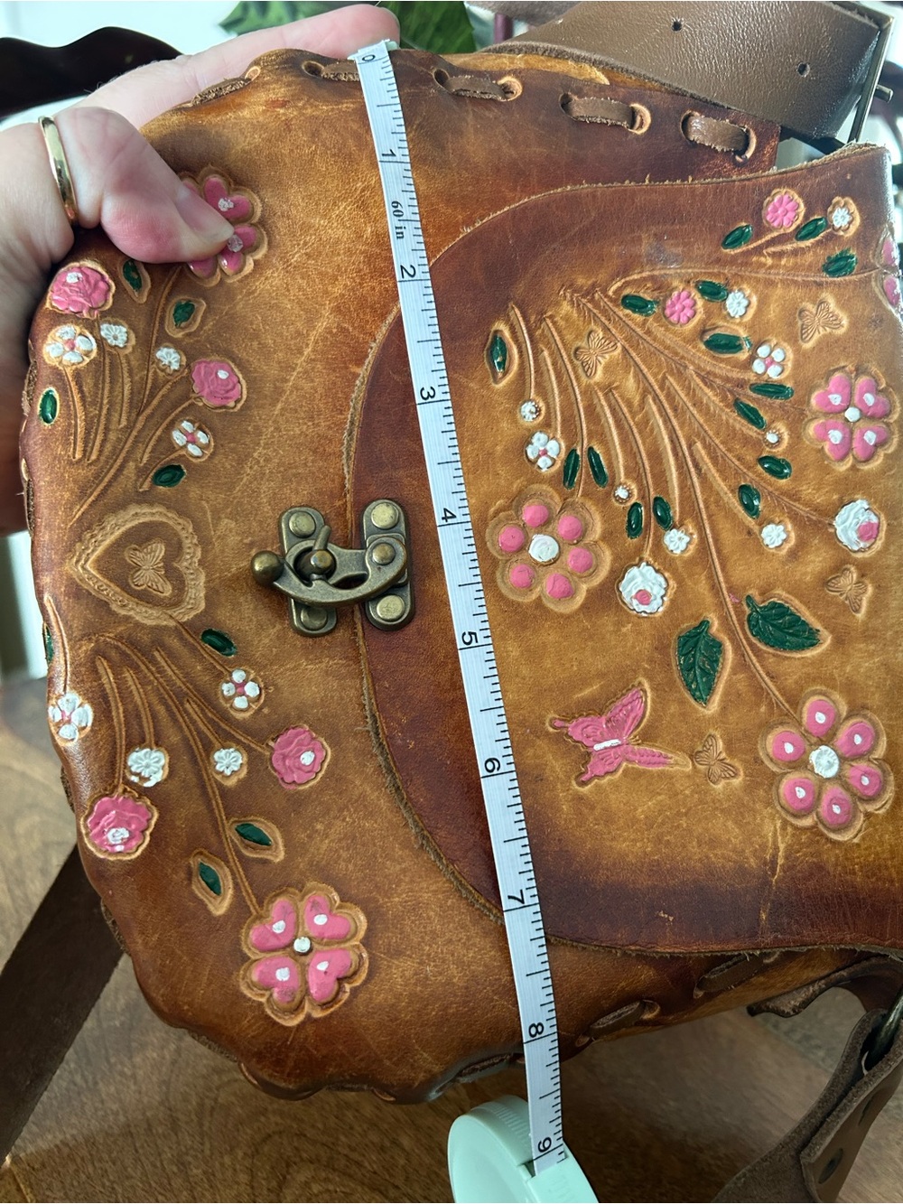Vintage Hand-Tooled Floral Leather Shoulder Bag - Brown with PaintedPink Accents - Picture 10 of 12
